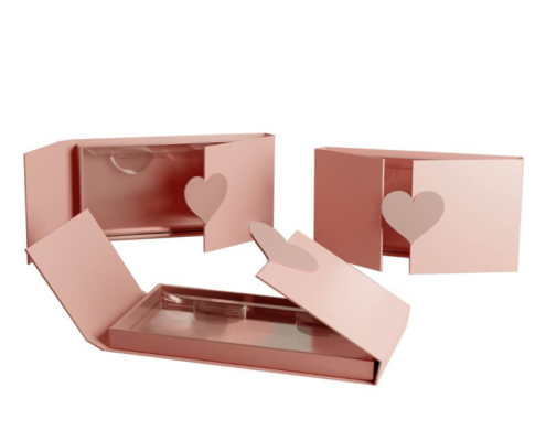 Rose gold heart closure wholesale eyelash packaging box, open and closed views for lash storage display