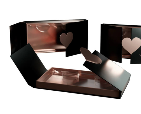Black and rose gold mix wholesale eyelash packaging box with heart-shaped cutout for luxury lash branding