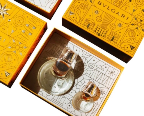 Bvlgari branded perfume gift set box with premium design and intricate illustrations