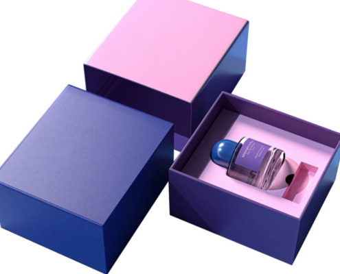 Custom perfume packaging in pink and purple with inner foam insert for a single bottle