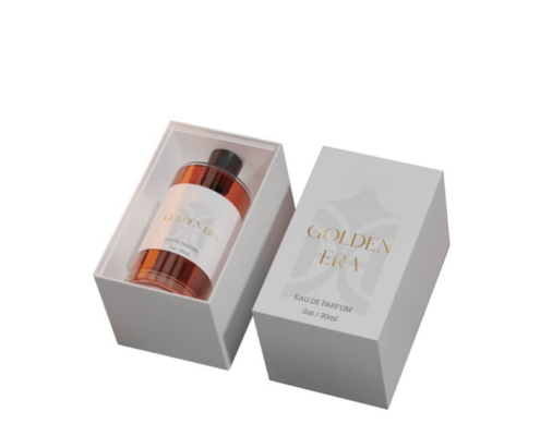 High-end "Golden Era" perfume packaging with white box and gold label design