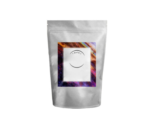 Modern silver stand-up bath salt packaging pouch with custom abstract design and resealable zip