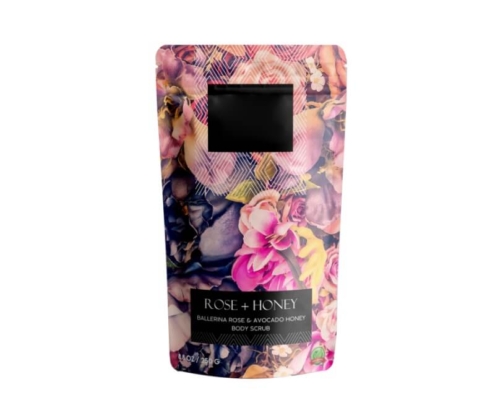 Rose and honey floral printed bath salt packaging bag with bold branding for skincare and body scrubs