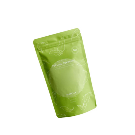 Green matcha bath salt pouch with botanical illustrations and eco-friendly stand-up mylar design