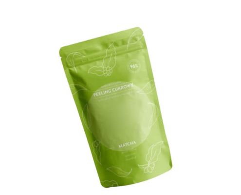 Green matcha bath salt pouch with botanical illustrations and eco-friendly stand-up mylar design