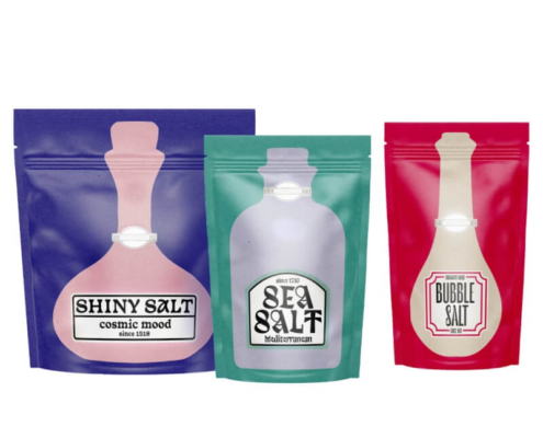 Creative trio of bath salt packaging pouches featuring SHINY SALT, SEA SALT, and BUBBLE SALT bottle-style prints
