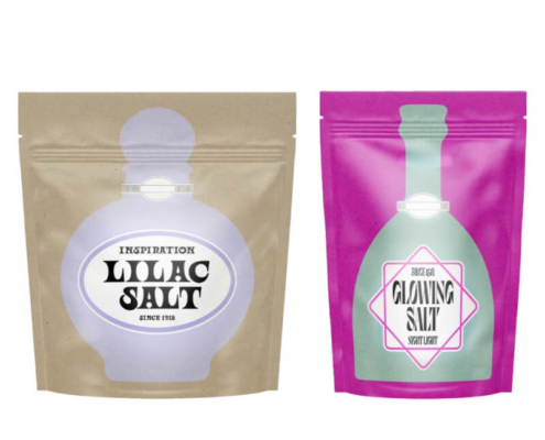 Retro-style bath salt packaging with unique lilac and glowing theme designs in stand-up resealable format
