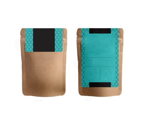 Eco kraft stand-up bath salt pouch with turquoise design accents and matte black label area