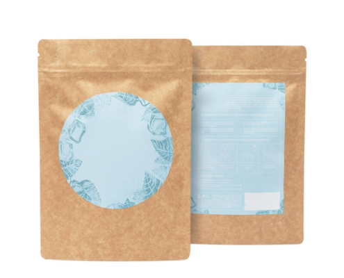 Natural kraft bath salt packaging with soft blue botanical print, ideal for handmade bath and body products