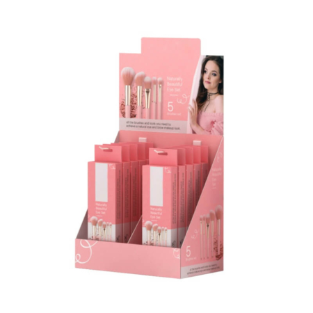 Pink counter display box with makeup brush sets arranged neatly in custom packaging for retail use