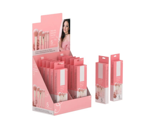 Cardboard countertop display box showcasing pink custom packaging for cosmetic brush sets