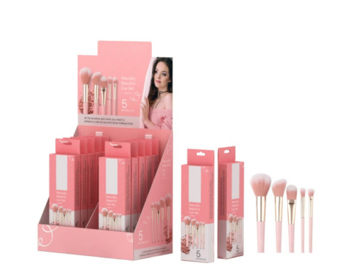 Complete makeup brush counter display set with box, packaging, and five different makeup brushes